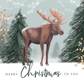 Kerstkaart illustratie winter eland hert lampjes confetti