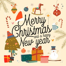 Kerstkaart illustraties Merry Christmas happy new year 