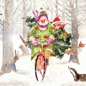 Kerstkaart in het bos met boom op fiets