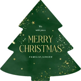 Kerstkaart in kerstboom vorm groen waterverf merry christmas