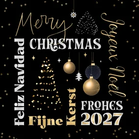 Kerstkaart internationaal vijf Europese talen typografisch