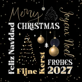 Kerstkaart internationaal vijf Europese talen typografisch