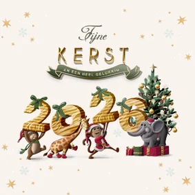 Kerstkaart jaartal als pakjes diertjes op weg naar kerstboom