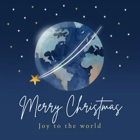 Kerstkaart joy to the world wereldbol sterren vallende ster