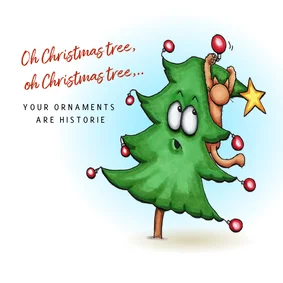 Kerstkaart Kat in de kerstboom