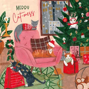 Kerstkaart kat kerst interieur gezellig illustratie