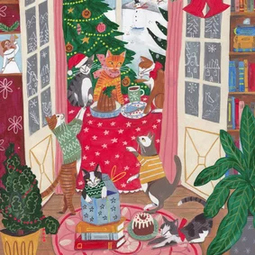 Kerstkaart katten gezellig bij de kerstboom