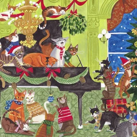 Kerstkaart katten piano muziek kerst illustratie