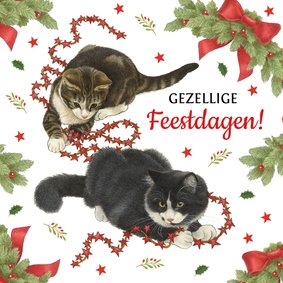 Kerstkaart katten spelen met slinger