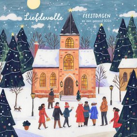 Kerstkaart kerkje en kerstbomen in de sneeuw