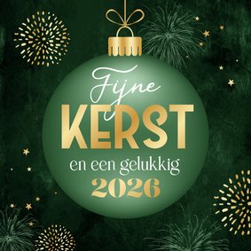 Kerstkaart kerstbal goud sterren fijne kerst vuurwerk