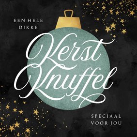 Kerstkaart kerstbal kerstknuffel sterretjes goud