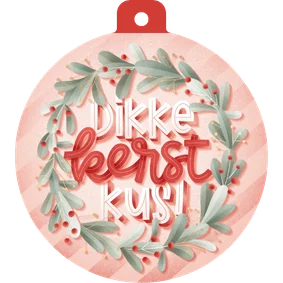 Kerstkaart kerstbal kerstkrans 'Dikke Kerstkus' en streepjes