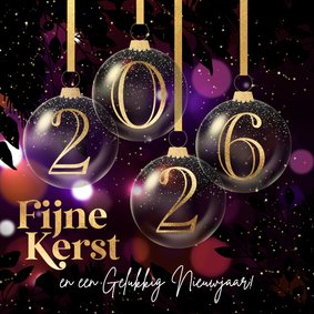 Kerstkaart kerstballen 2026 paars rood licht