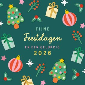 Kerstkaart kerstbomen en cadeautjes donkergroen