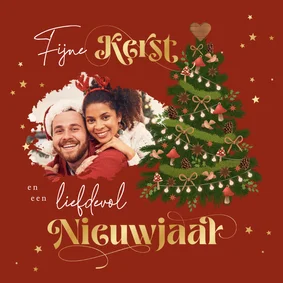 Kerstkaart kerstboom foto sterren goud rood illustratie