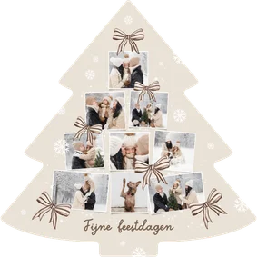 Kerstkaart kerstboom fotocollage strikjes beige sneeuw
