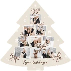 Kerstkaart kerstboom fotocollage strikjes beige sneeuw
