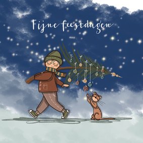 Kerstkaart kerstboom kat