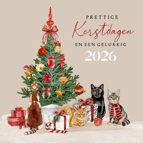 Kerstkaart kerstboom met katten