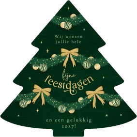 Kerstkaart kerstboom vorm slingers lampjes strikjes kerst