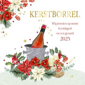 Kerstkaart kerstborrel champagne botanische takken