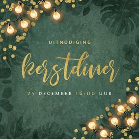 Kerstkaart kerstdiner botanisch goud confetti uitnodiging