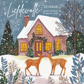 Kerstkaart kersthuisje in de sneeuw met hertjes