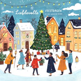 Kerstkaart kersthuisjes en kerstboom in de sneeuw