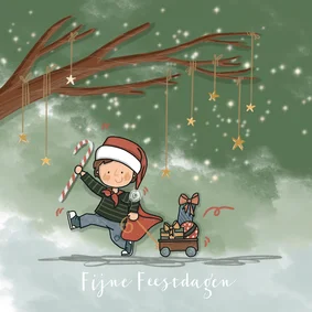 Kerstkaart kerstjongen met cadeaus