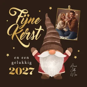 Kerstkaart kerstkabouter foto sterren fijne kerst goud bruin