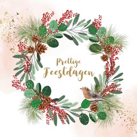 Kerstkaart kerstkrans dennentak vogel watercolour goudlook