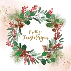 Kerstkaart kerstkrans dennentak vogel watercolour goudlook