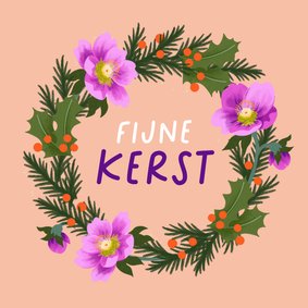Kerstkaart kerstkrans kerstroos fijne kerst