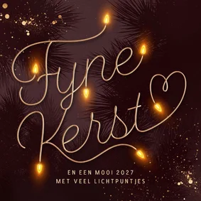 Kerstkaart kerstlampjes lieve tekst goud aubergine