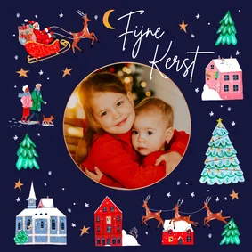 Kerstkaart kerstman en zijn rendieren met foto