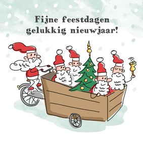 Kerstkaart kerstmannen met kerstboom op een bakfiets