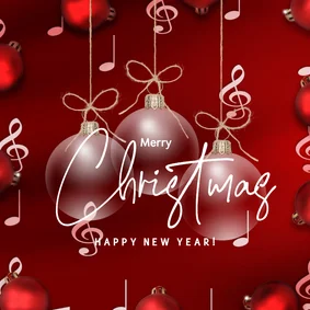 Kerstkaart kerstmuziek en kerstballen