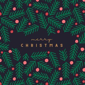 Kerstkaart kersttakken met rode ballen blauw vierkant