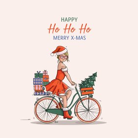 Kerstkaart kerstvrouw op fiets