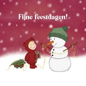 Kerstkaart kindje en sneeuwpop met kerstlichtjes