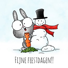 Kerstkaart - konijntje met sneeuwpop