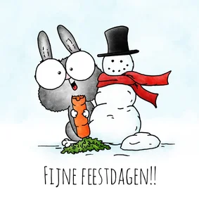 Kerstkaart - konijntje met sneeuwpop