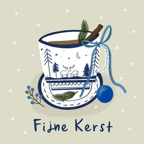 Kerstkaart kopje delfts blauw hertjes strik kerstbal