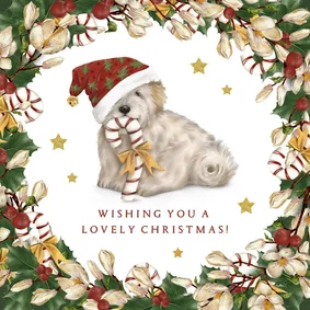 Kerstkaart krans met lief hondje en kerstmuts