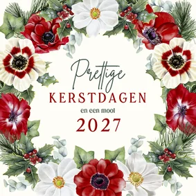 Kerstkaart krans van anemoontjes en dennentakken