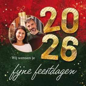 Kerstkaart kunst verf rood groen kerstbal foto 2026 goud