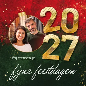 Kerstkaart kunst verf rood groen kerstbal foto 2027 goud