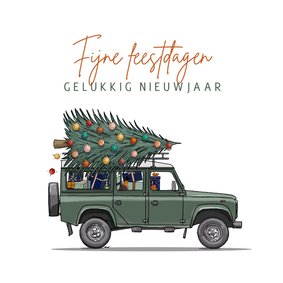 Kerstkaart landrover met kerstboom