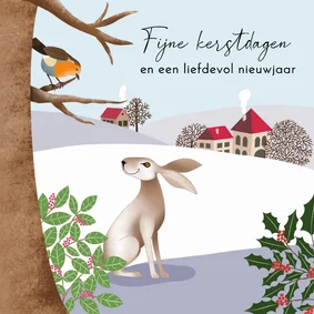 Kerstkaart - Landschap met haas en roodborstje